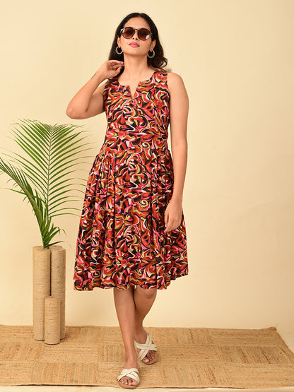 Woman wearing a multicolor all-over printed rayon midi dress for women in India with sleeveless design, fit and flare silhouette, soft breathable fabric, and stylish walking pose.