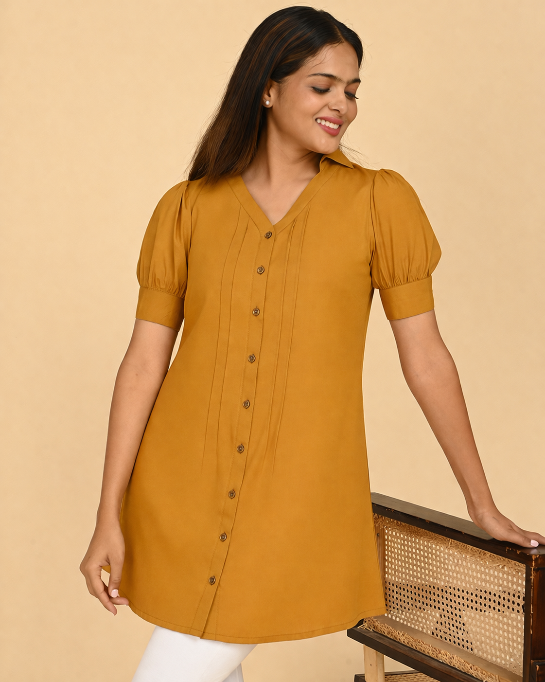 Mustard Yellow Cotton Office Wear Top for Women in India – Front View