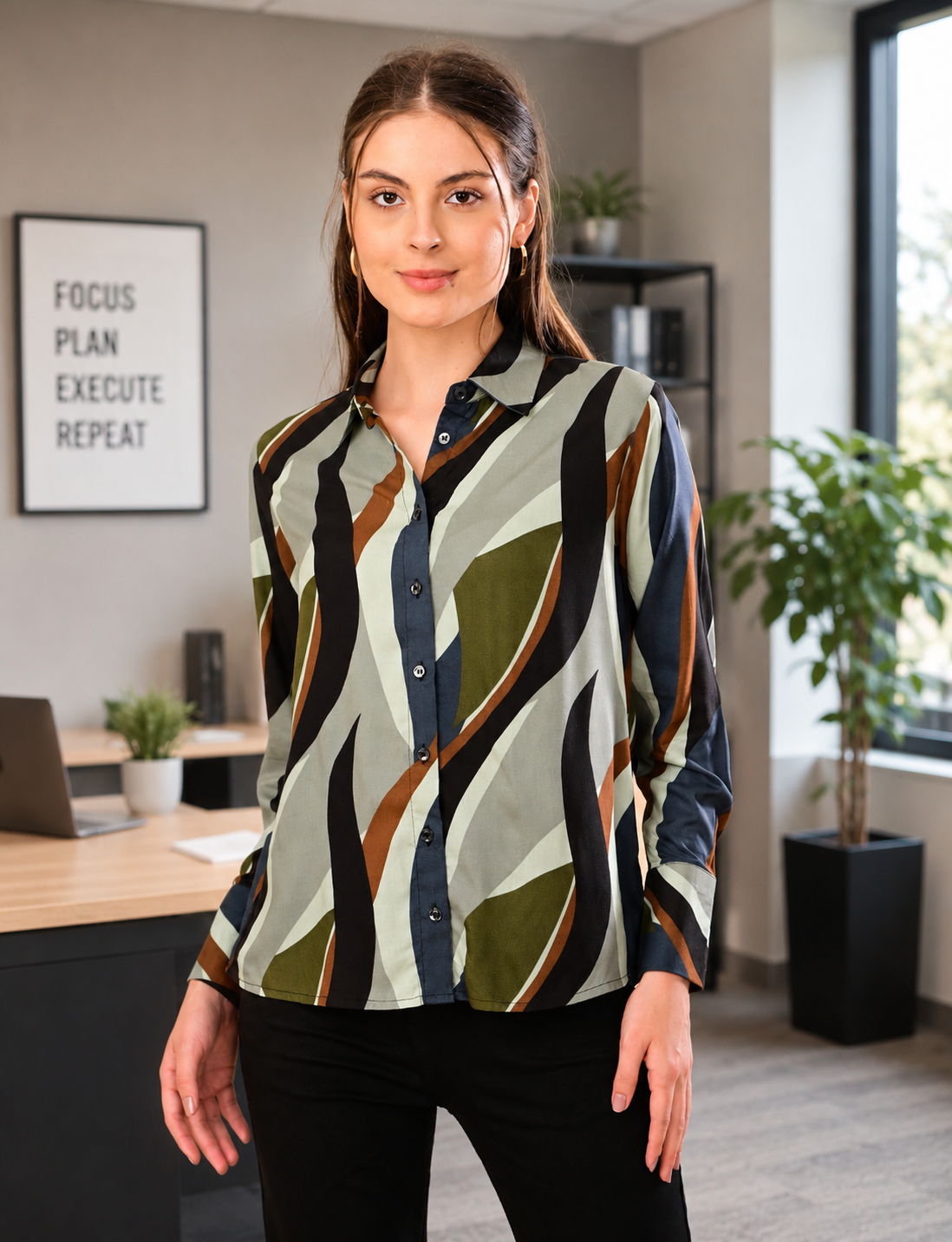 Olive Green Printed Rayon Shirt for Women India