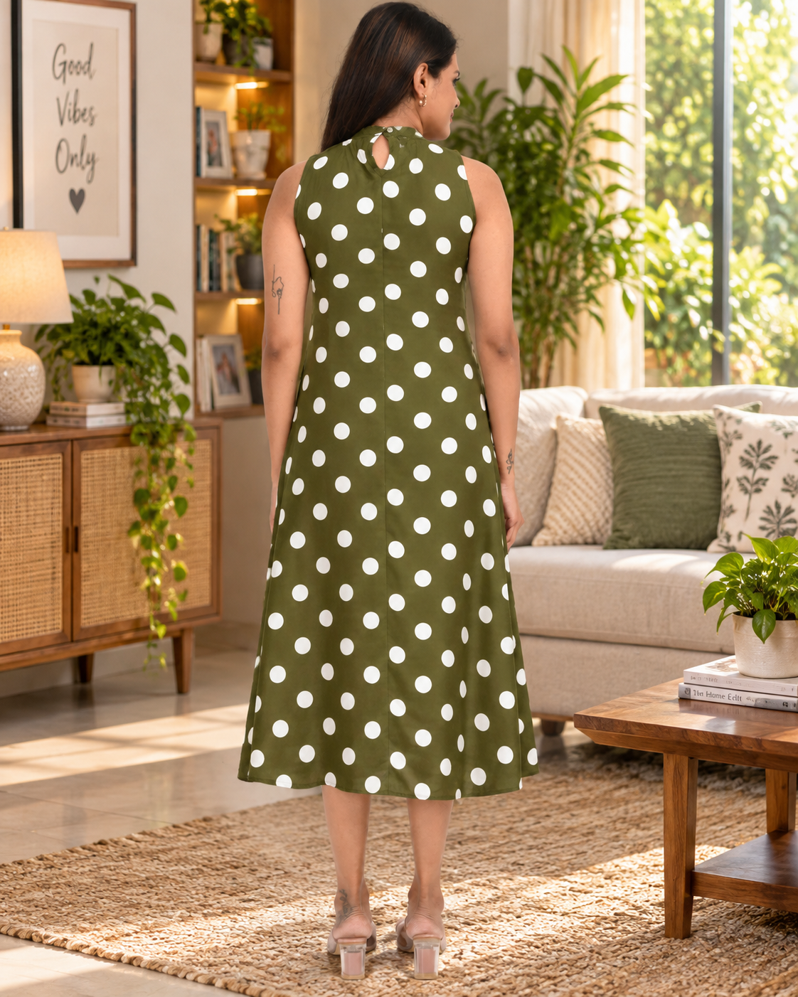 Back view of sleeveless olive green polka dot midi dress for women