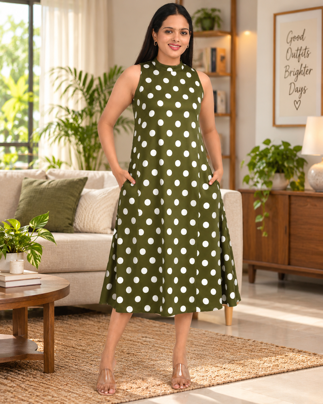 Alt Text: Woman wearing olive green polka dot 100% cotton midi dress in India