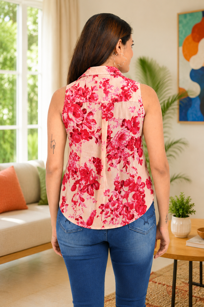 Back View of Peach Floral Sleeveless Cotton Shirt for Women in Casual Summer Style