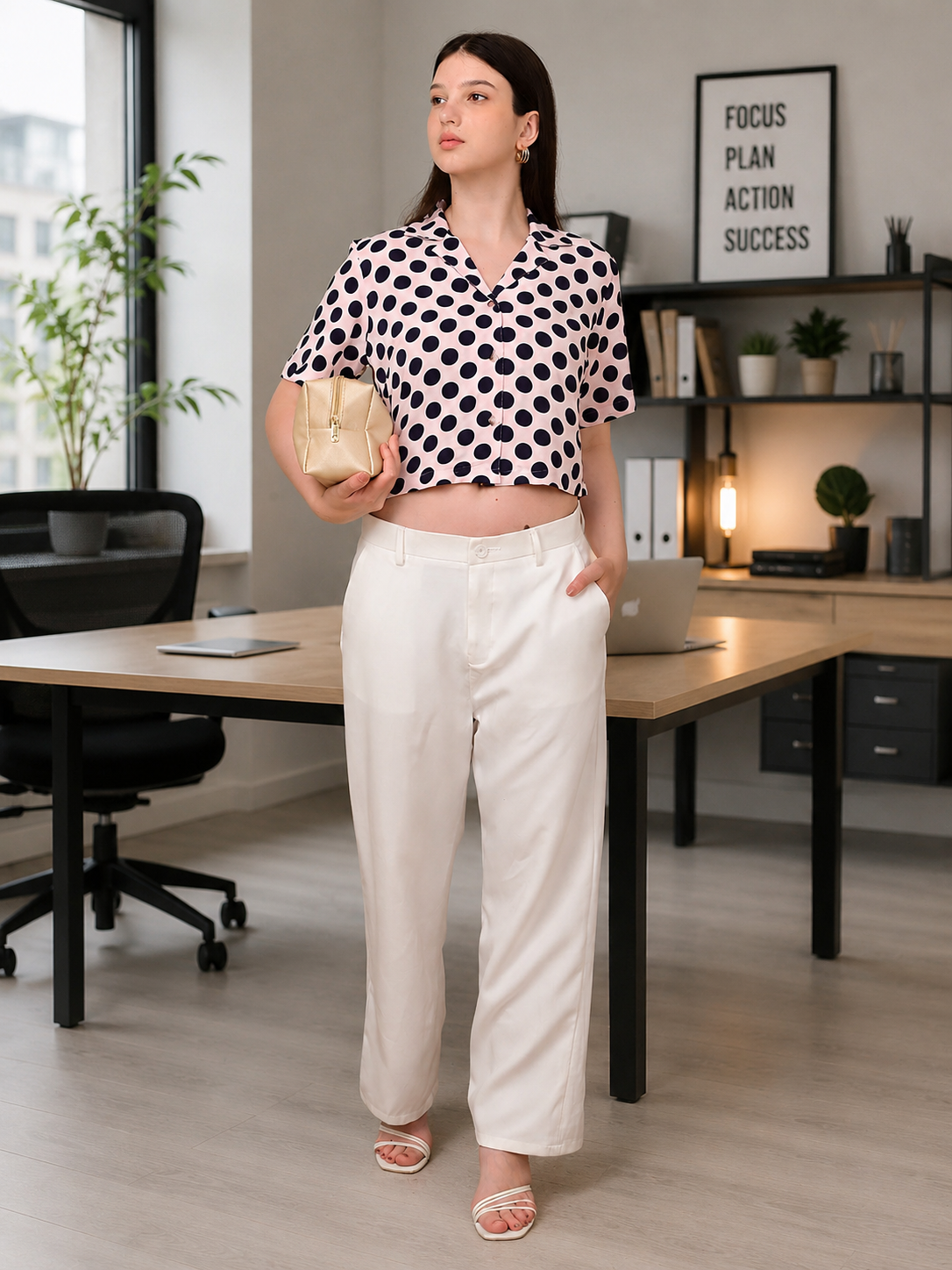 Peach Polka Dot Crop Top with White Trousers