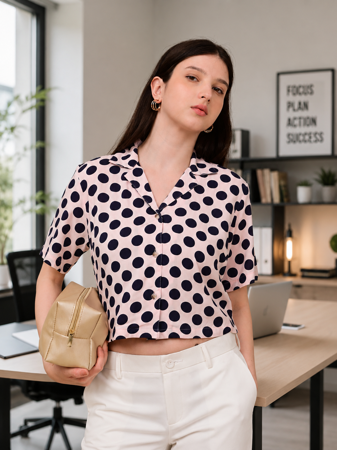 Peach Polka Dot Crop Top with Handbag