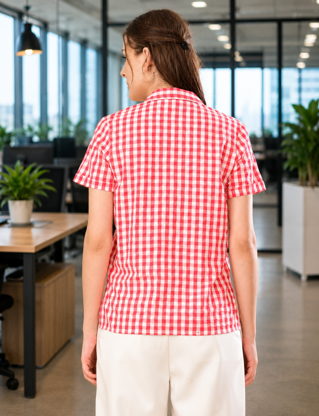 Pink Checked Cotton Shirt for Women in India – Back View