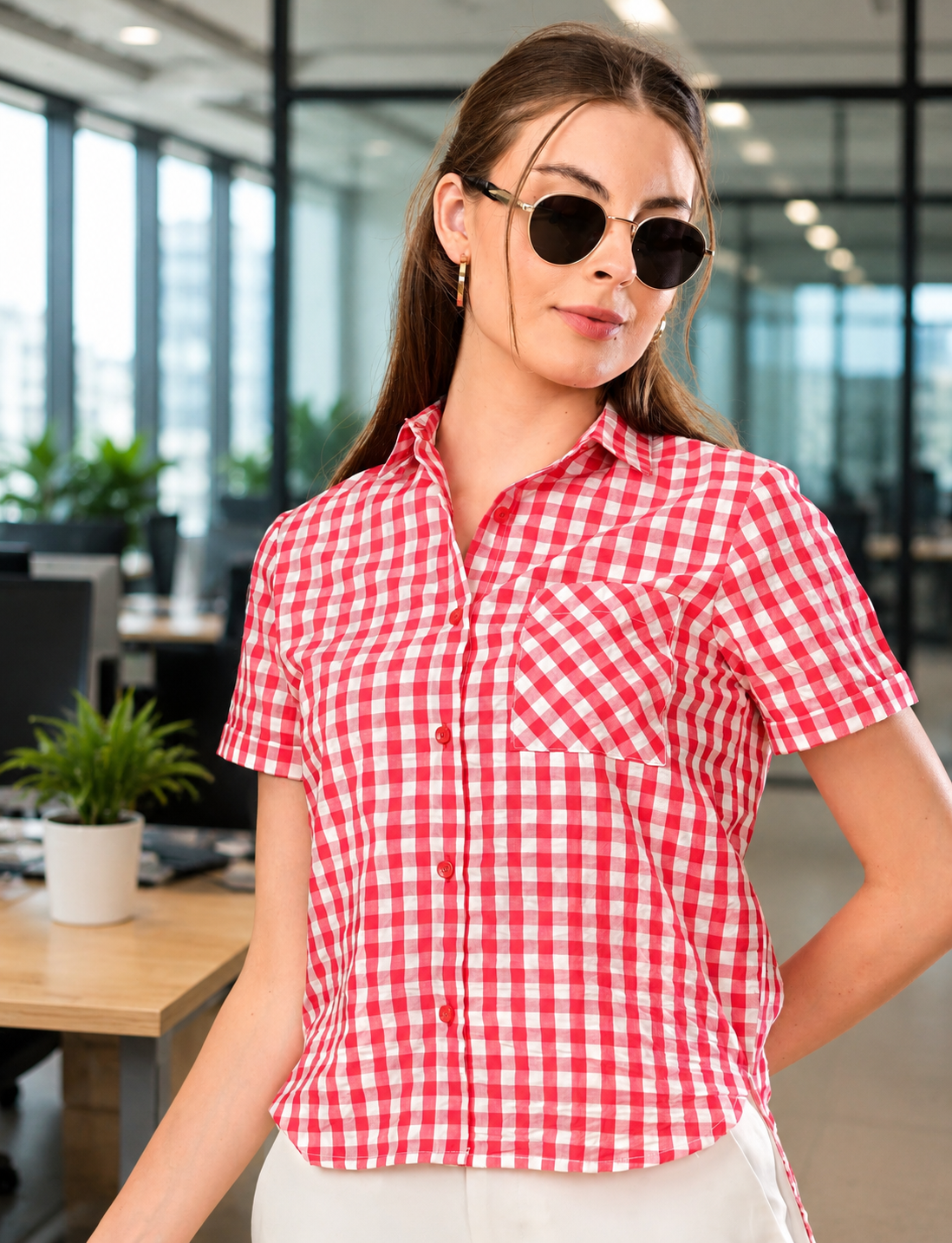 Pink Checked Cotton Shirt for Women in India – Office Wear Close-Up