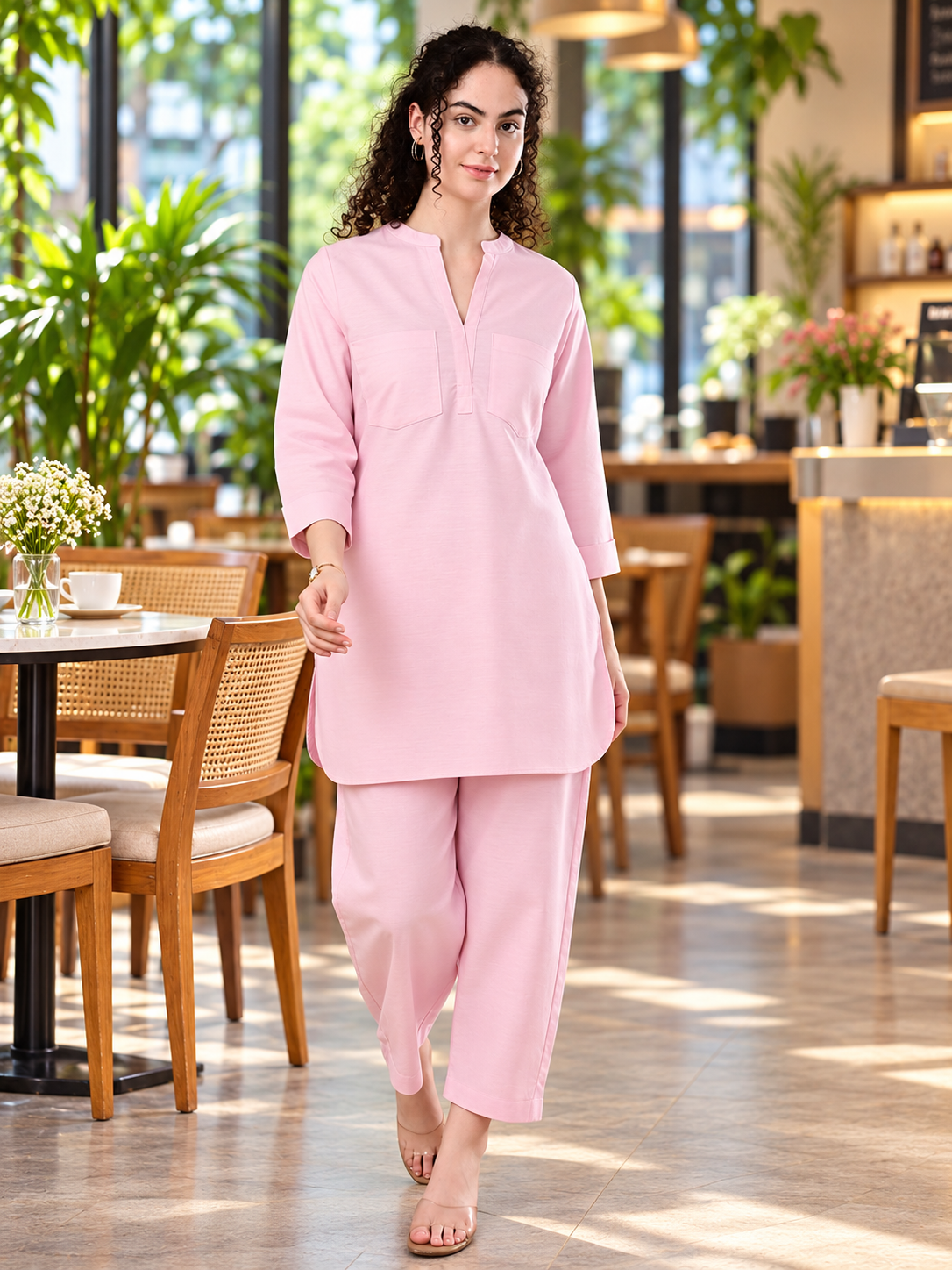 Pastel pink women’s co-ord set in 100% cotton chambray fabric styled in a modern Bangalore cafe