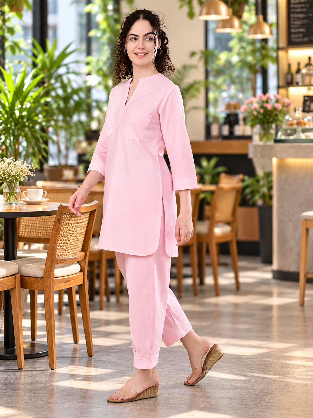 Pastel Pink Cotton Chambray Co-ord Set for Women
