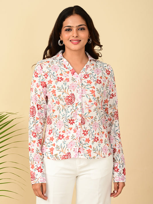 Pink floral long sleeve women's shirt for women in India - lightweight casual office wear by Classy Clothing