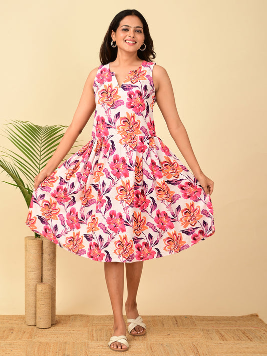 Pink floral AOP rayon sleeveless midi dress for women in India, breathable lightweight fabric, comfortable casual summer dress for office, travel, brunch and everyday wear.