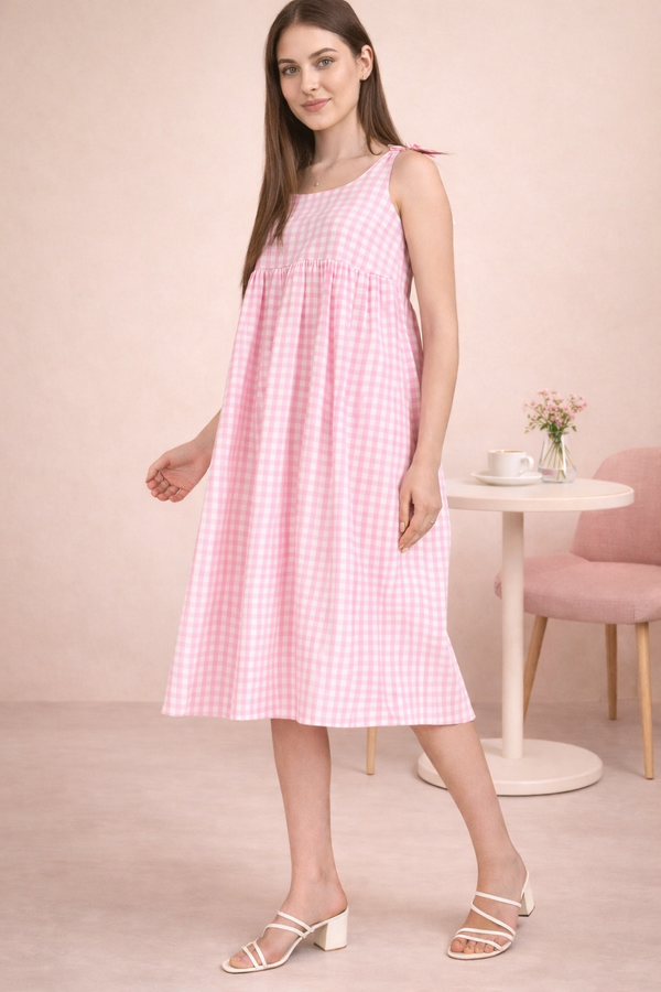 Pink Gingham 100% Cotton Midi Dress for Women - Breathable Summer Wear for Indian Weather