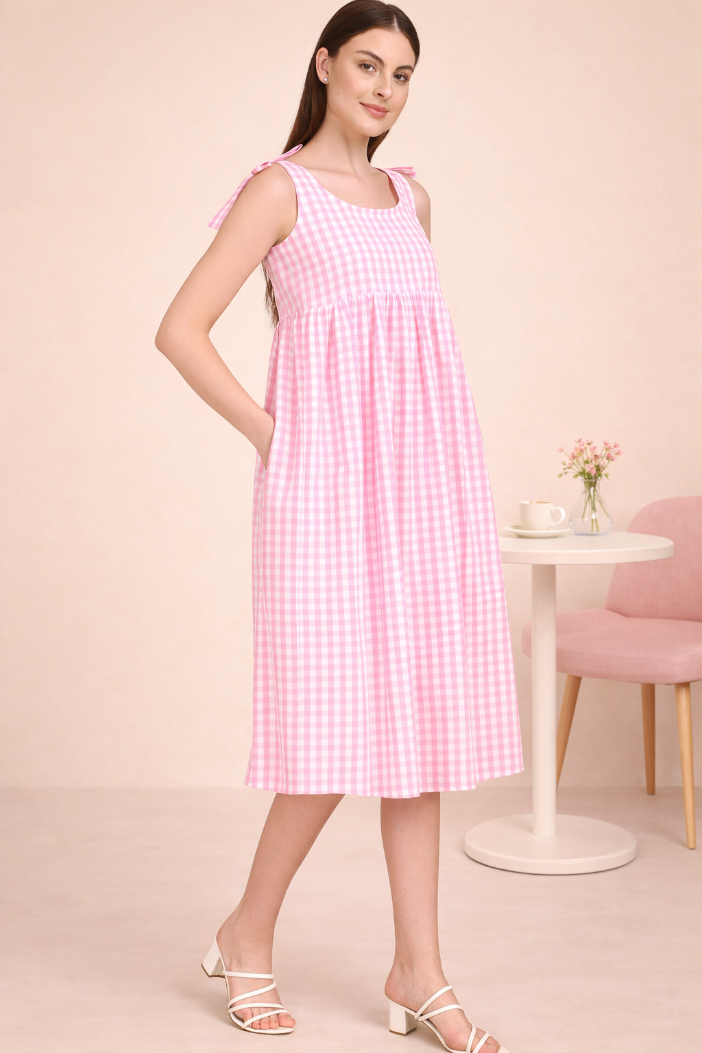Pink Gingham Cotton Midi Dress for Women | 100% Cotton Summer Wear The Classy Clothing Pink Gingham Cotton Midi Dress for Women | 100% Cotton Summer Wear The Classy Clothing