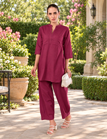 Plum Cotton Co-Ord Set for Women – 100% Cotton Chambray