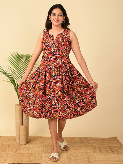 Multicolor all-over printed rayon midi dress for women in India with sleeveless design, fit and flare silhouette, soft breathable fabric, and comfortable everyday casual wear.