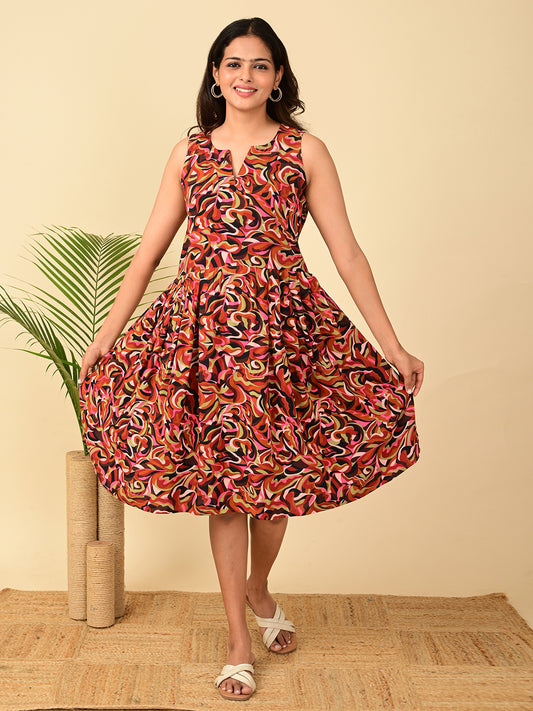 Multicolor all-over printed rayon midi dress for women in India with sleeveless design, fit and flare silhouette, soft breathable fabric, and comfortable everyday casual wear.