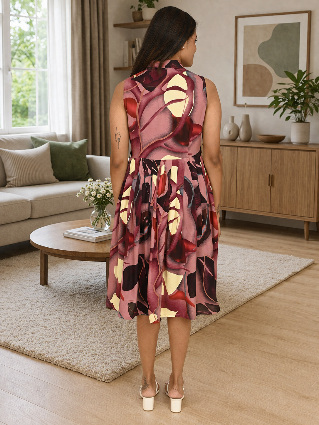 printed rayon midi dress back view for women India