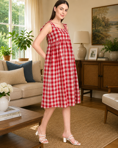 Red White 100% Cotton Check Midi Dress for Women