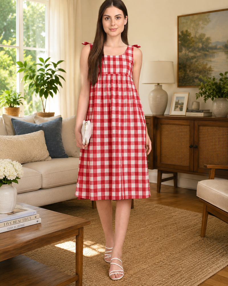 Red White 100% Cotton Check Midi Dress for Women