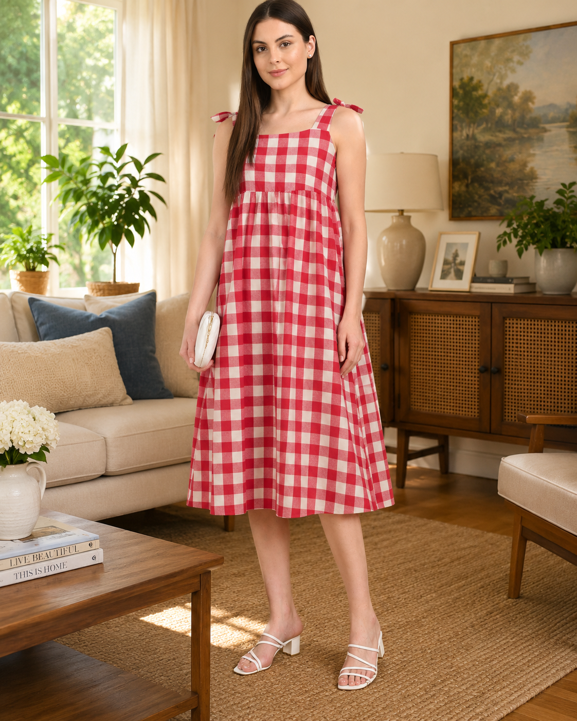 Red White Cotton Check Dress for Women in India Red White Cotton Check Dress for Women in India