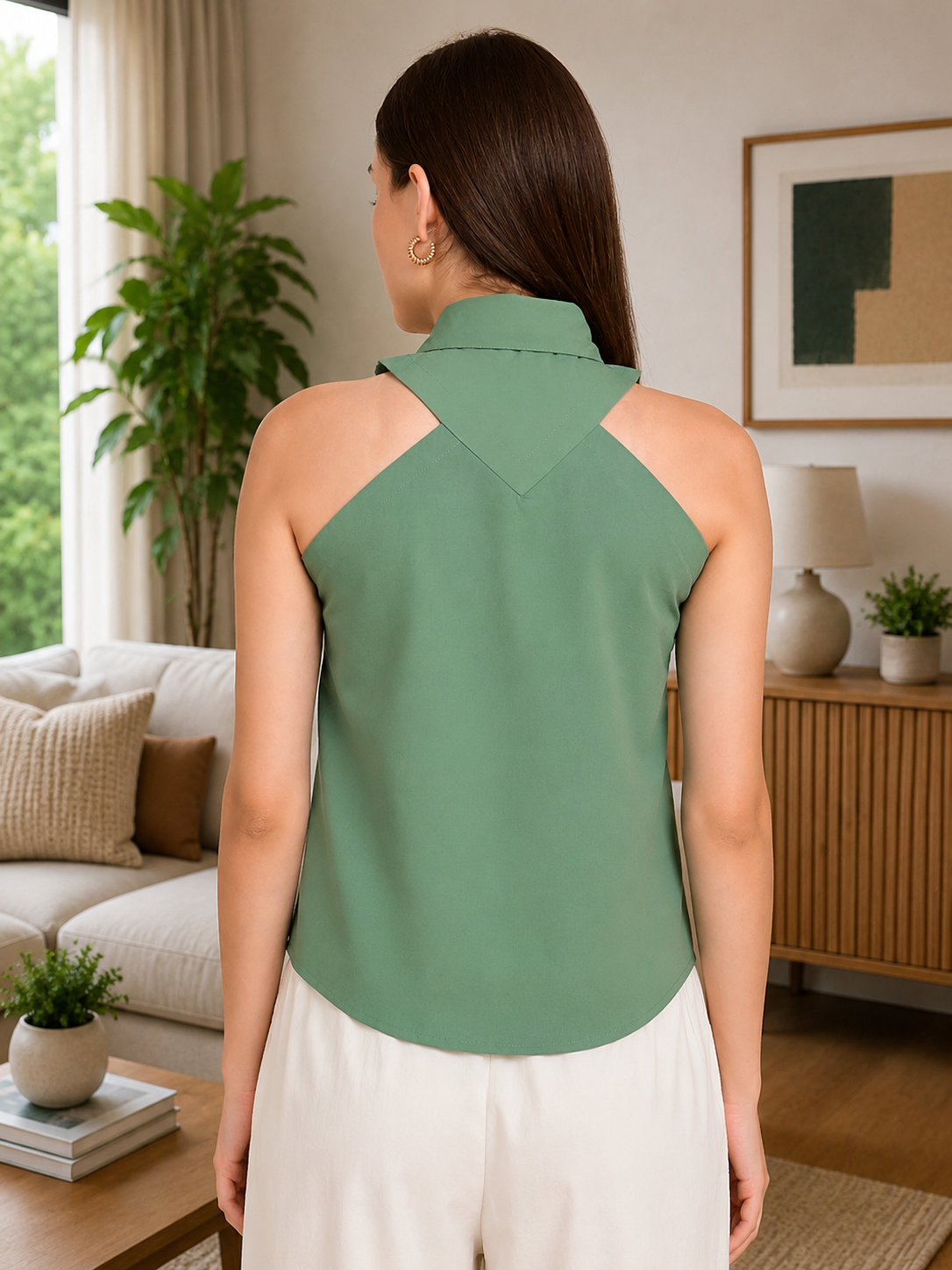 Sage green sleeveless cotton top for women showcasing a stylish designer back detail.