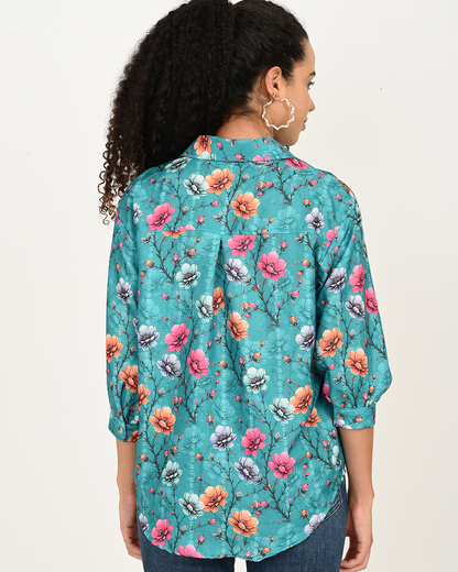 Back view of Aqua Blue & Maroon Digital Floral Cotton Shirt Top for Women