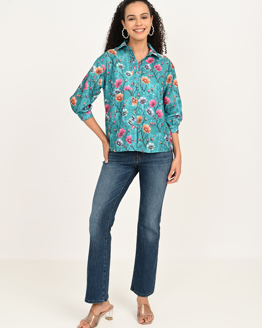 Model wearing Aqua Blue & Maroon Floral Digital Print Cotton Top for Women - The Classy Clothing