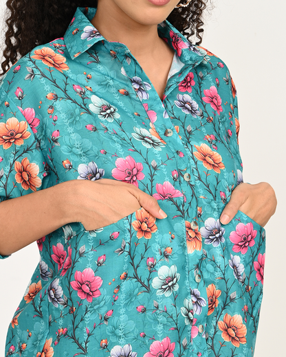 Shirt collar and digital floral print detail of Aqua Blue Cotton Top