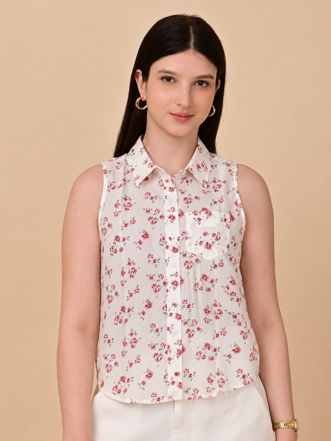 100% cotton white floral sleeveless shirt for women