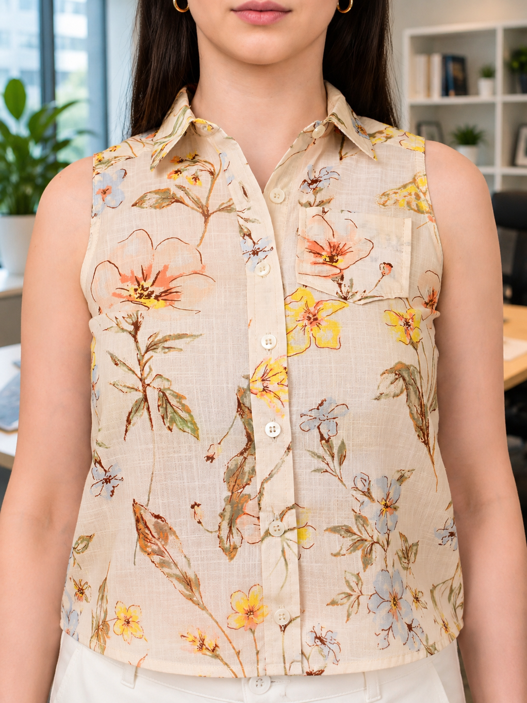 Close-Up of Women's 100% Cotton Floral Sleeveless Shirt in Beige Print, Premium Cotton Fabric Detail, Office Wear Top India