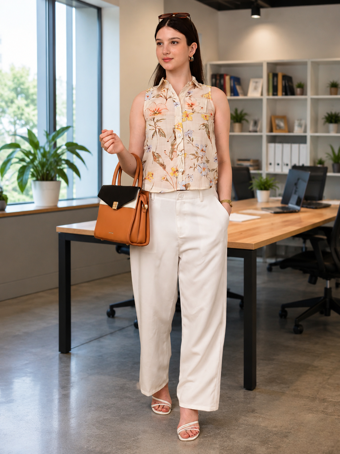 Full-Length View of Women's 100% Cotton Floral Sleeveless Shirt in Beige Print, Stylish Office Wear Top for Women India