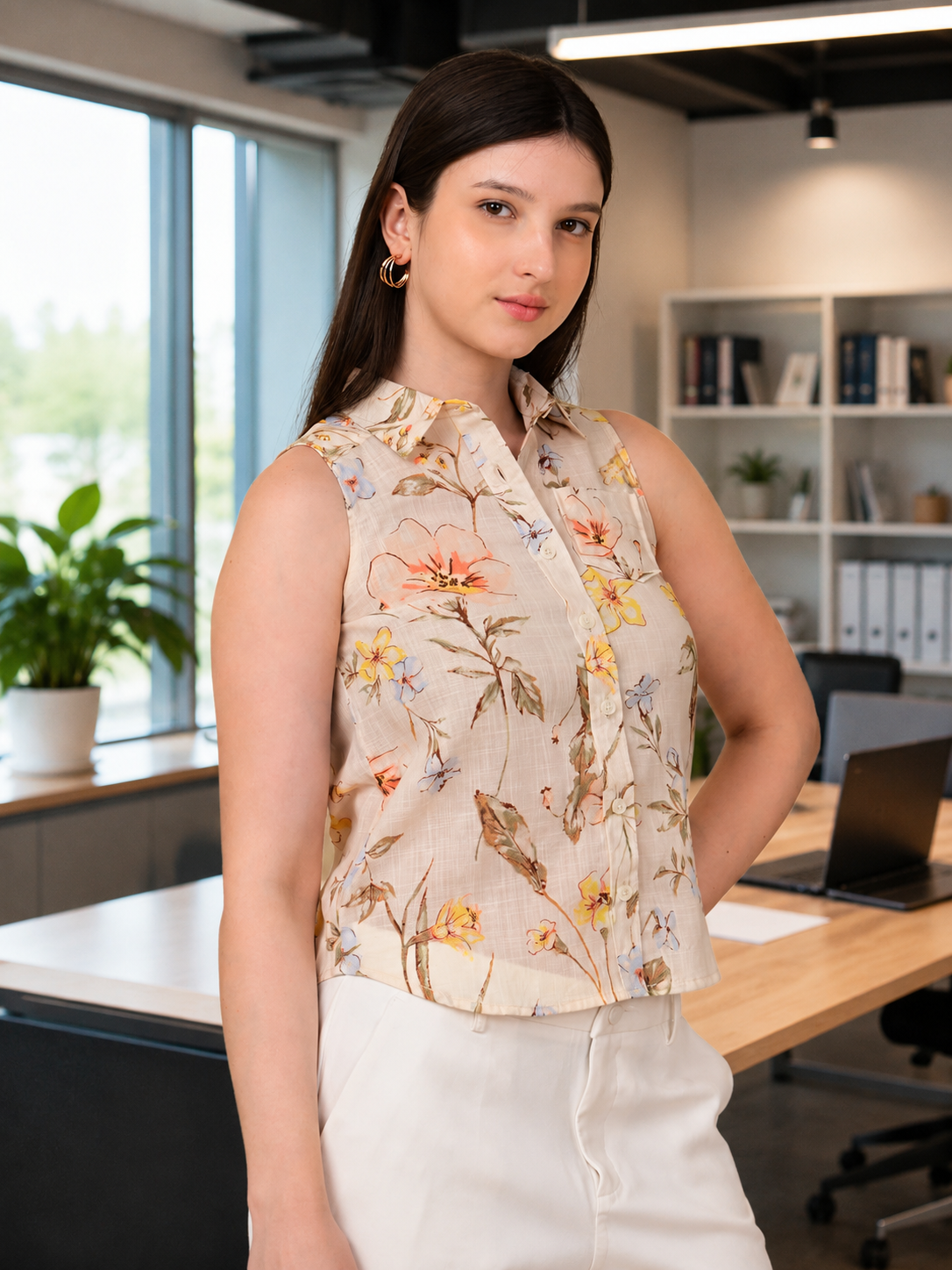 Three-Quarter View of Women's 100% Cotton Floral Sleeveless Shirt in Beige Print, Office Wear Top for Women India