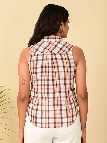 Back view of women's 100% cotton yarn dyed sleeveless check shirt