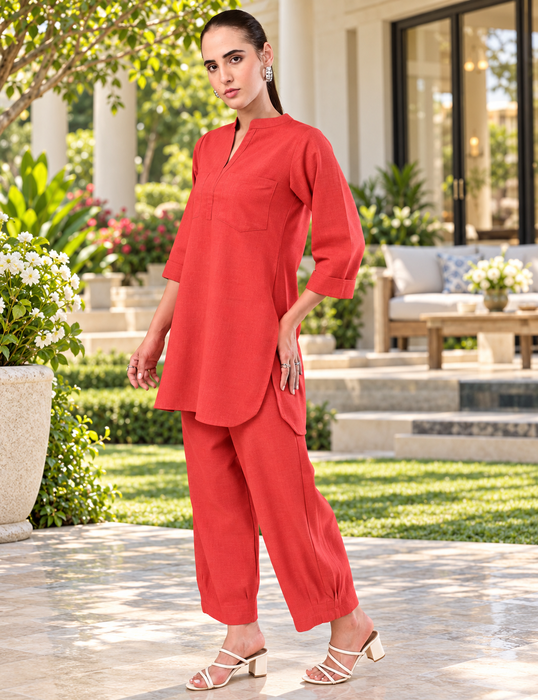 Coral Red Pure Cotton Co-Ord Set for Women