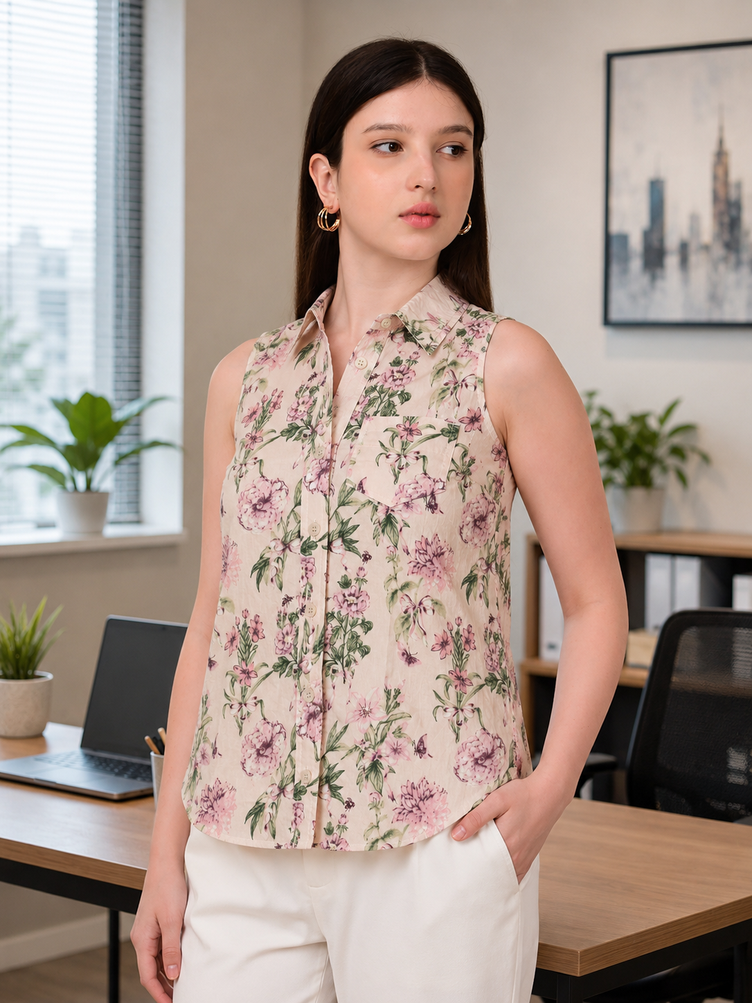 Woman wearing a pink floral sleeveless cotton top in 100% breathable cotton for office and casual wear