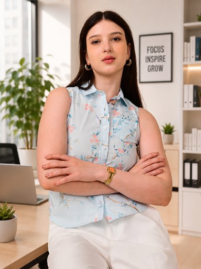 Women's Sky Blue Floral Sleeveless Cotton Shirt India | Close-Up View