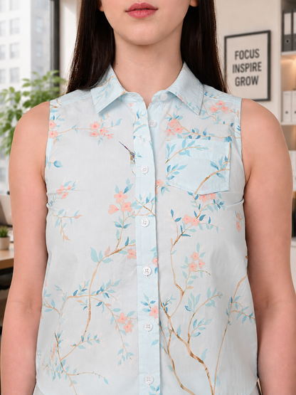 Women's Sky Blue Floral Sleeveless Cotton Shirt India | Collar Detail