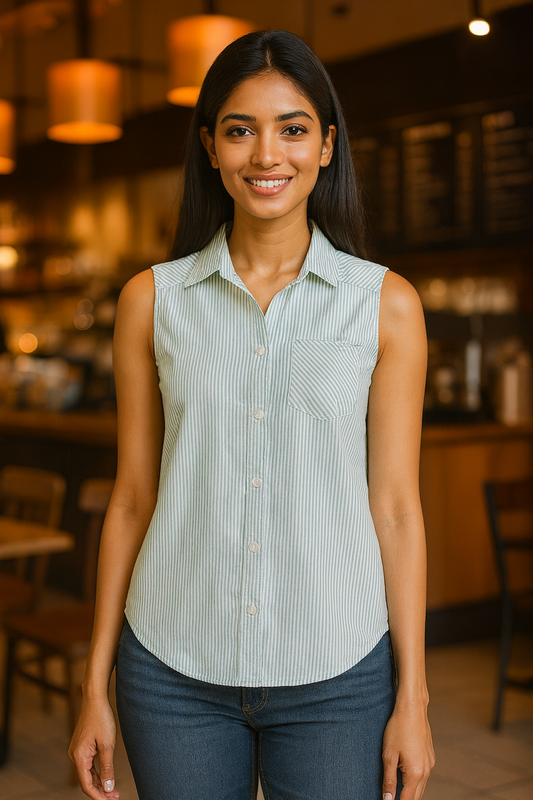 Women’s sleeveless striped cotton button-down shirt – front view