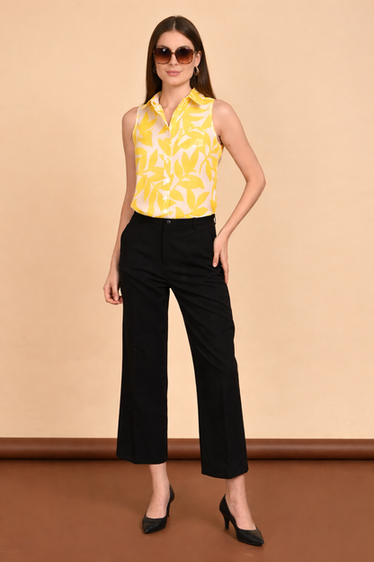 women cotton sleeveless shirt yellow leaf print full length look India