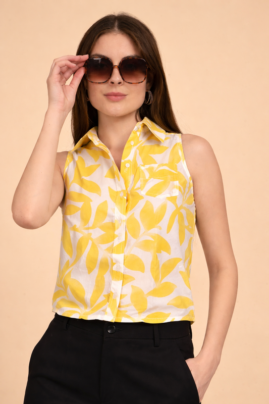 women cotton sleeveless shirt yellow leaf print summer top India