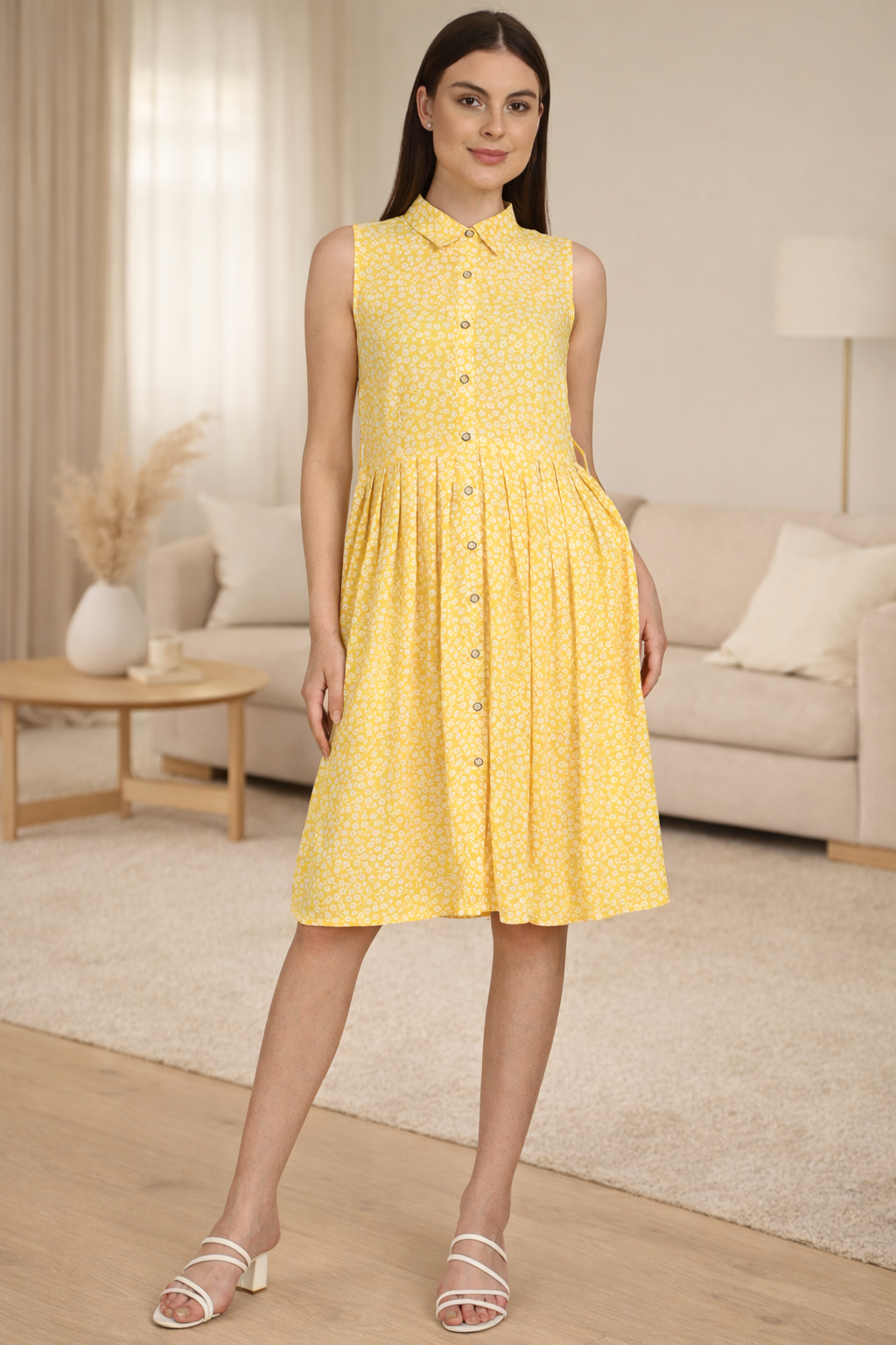 yellow floral sleeveless rayon dress for women India casual summer fit and flare dress