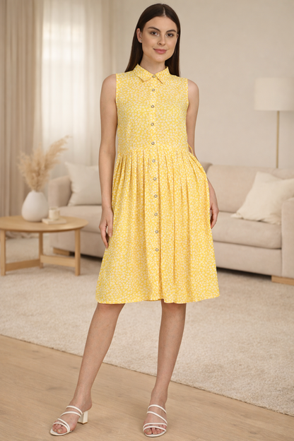 yellow floral sleeveless rayon dress for women India casual summer fit and flare dress
