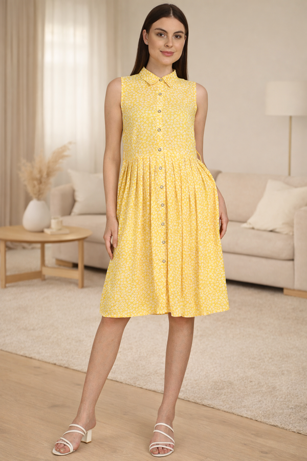 yellow floral sleeveless rayon dress for women India casual summer fit and flare dress