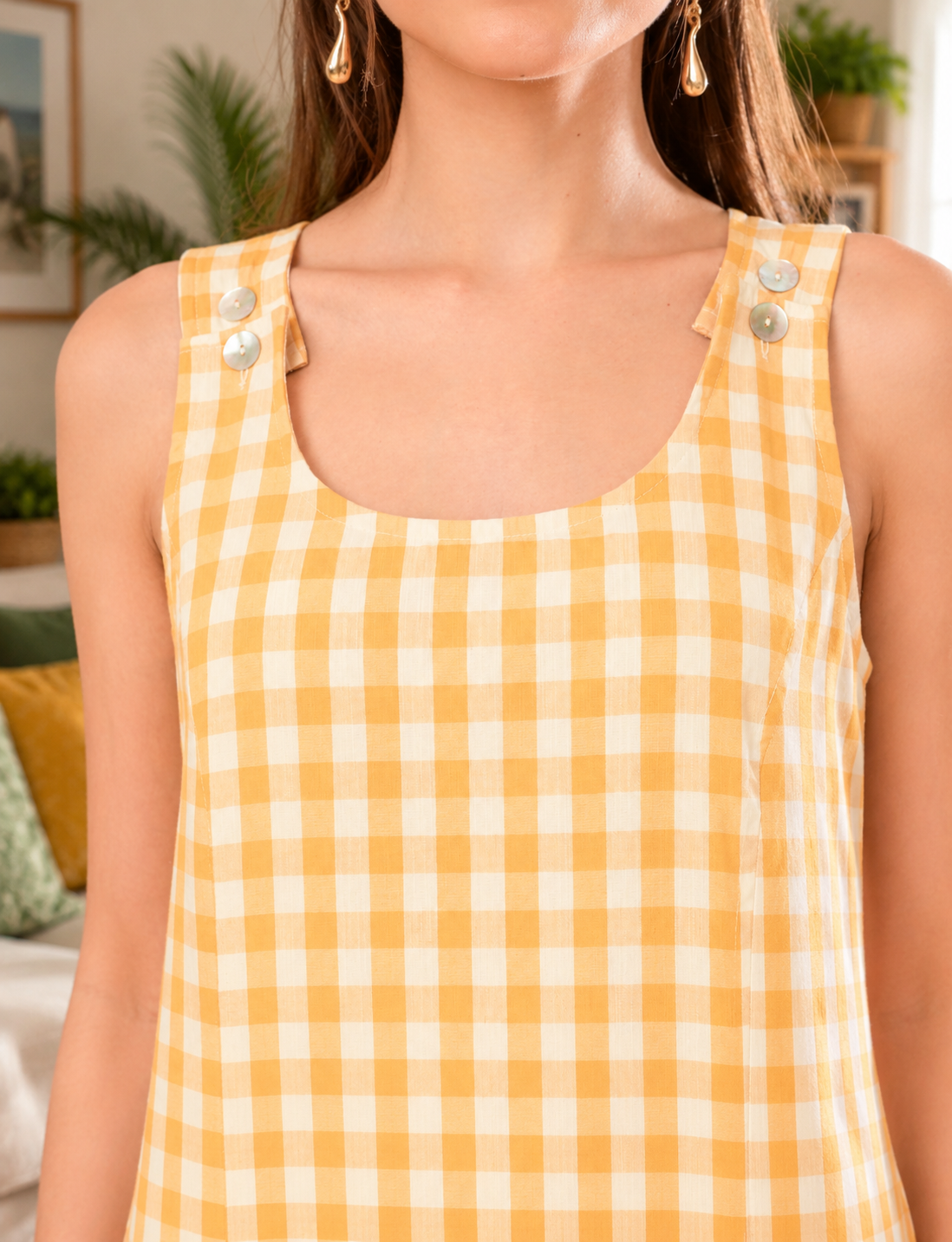 Yellow Sleeveless Cotton Short Dress for Women in India – Neckline and Button Detail